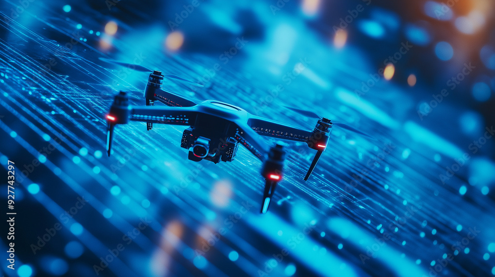 Poster a blue ai-powered drone model surrounded by swirling data streams on a blue bokeh background, showca