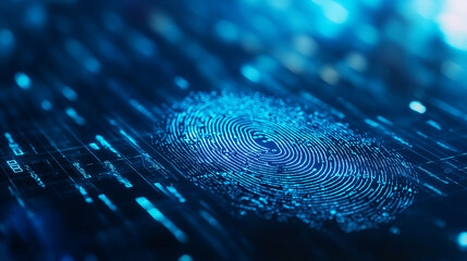 A blue digital fingerprint with data streams flowing around it on a blue bokeh background, symbolizing AI in biometric security