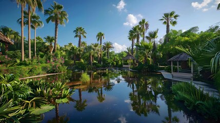 Obraz premium A quiet oasis surrounded by dense palm groves image