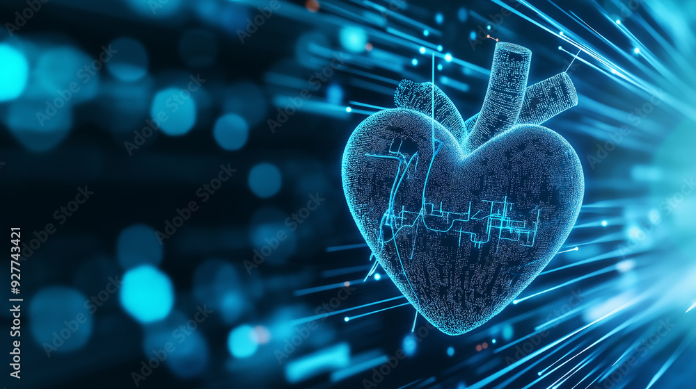 Poster a blue digital heart with data flowing around it on a blue bokeh background, representing ai in heal