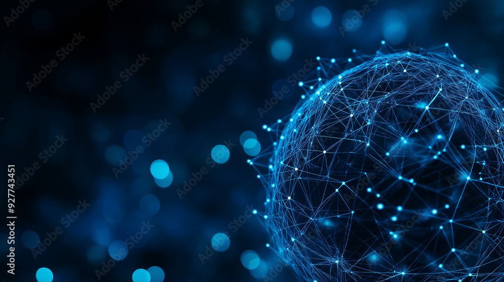 Poster a digital blue globe with data nodes connected around it on a blue bokeh background, representing gl