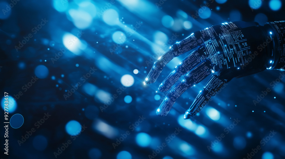 Aufkleber a blue ai-powered robotic arm surrounded by digital data streams on a blue bokeh background, symboli