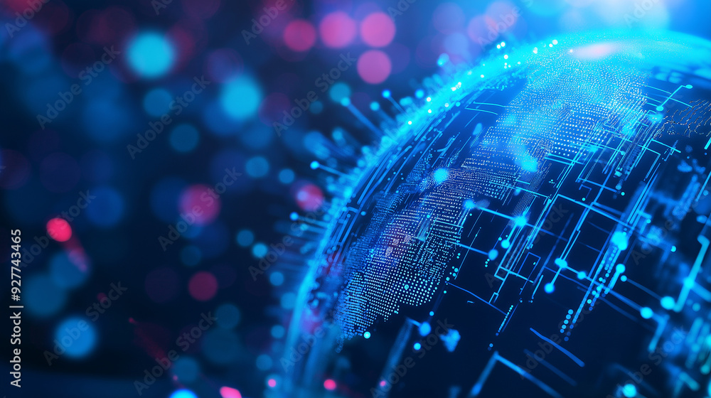 Poster a digital blue globe with data nodes connected around it on a blue bokeh background, representing gl