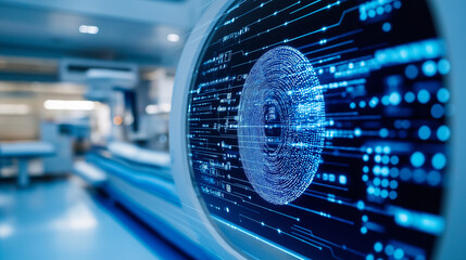A high-tech blue AI-powered medical scanner surrounded by data streams on a blue bokeh background, symbolizing AI in medical imaging