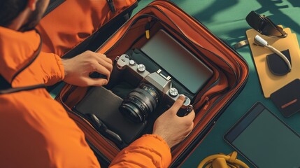 A man packing for an adventure trip packs a camera, laptop, charger, and brush into his suitcase.