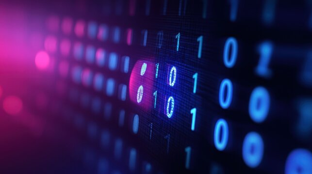 Abstract digital background featuring binary code in vivid colors, showcasing technology and data representation.