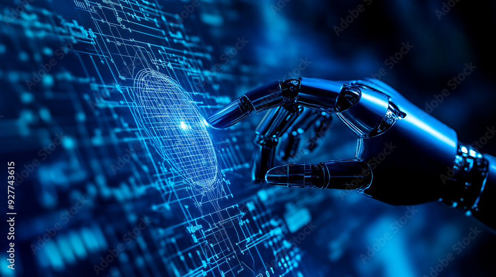 Poster a high-tech blue ai-powered robot hand reaching out to touch a digital globe on a blue bokeh backgro
