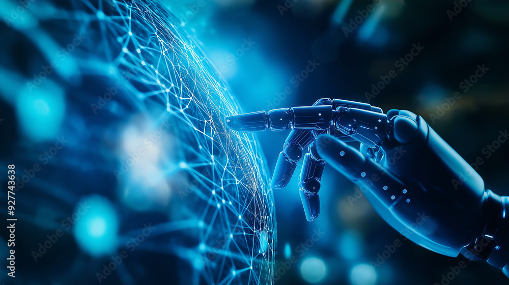 Poster a high-tech blue ai-powered robot hand reaching out to touch a digital globe on a blue bokeh backgro