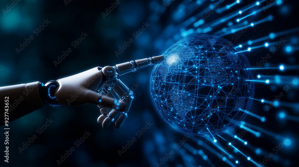 Poster a high-tech blue ai-powered robot hand reaching out to touch a digital globe on a blue bokeh backgro