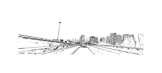 Fototapeta premium Print Building view with landmark of Stanley is the capital in Falkland. Hand drawn sketch illustration in vector.
