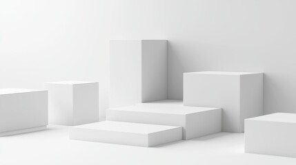Minimalist Geometric Display for Cosmetics, clean white background, matte plastic texture, featuring cubic and rectangular structures for elegant product presentation