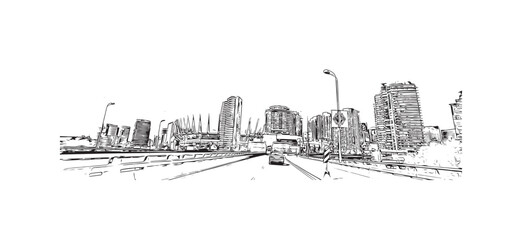 Obraz premium Print Building view with landmark of Stanley is the capital in Falkland. Hand drawn sketch illustration in vector.