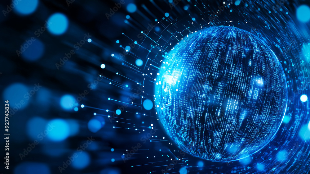 Poster a digital blue holographic globe with data streams flowing around it on a blue bokeh background, sym