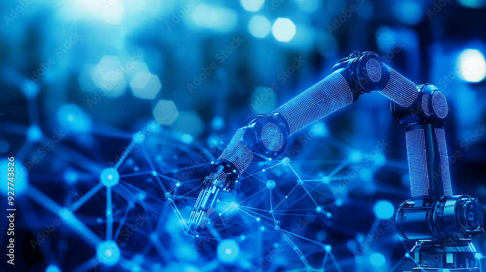 Poster a blue ai-powered robotic arm surrounded by data nodes on a blue bokeh background, representing ai i