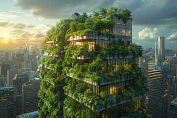 Obraz premium An urban skyline transformed by green architecture, with rooftop gardens and vertical forests, 