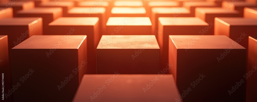 Poster close-up view of glowing orange cubes arranged in a grid, creating an abstract and modern aesthetic 