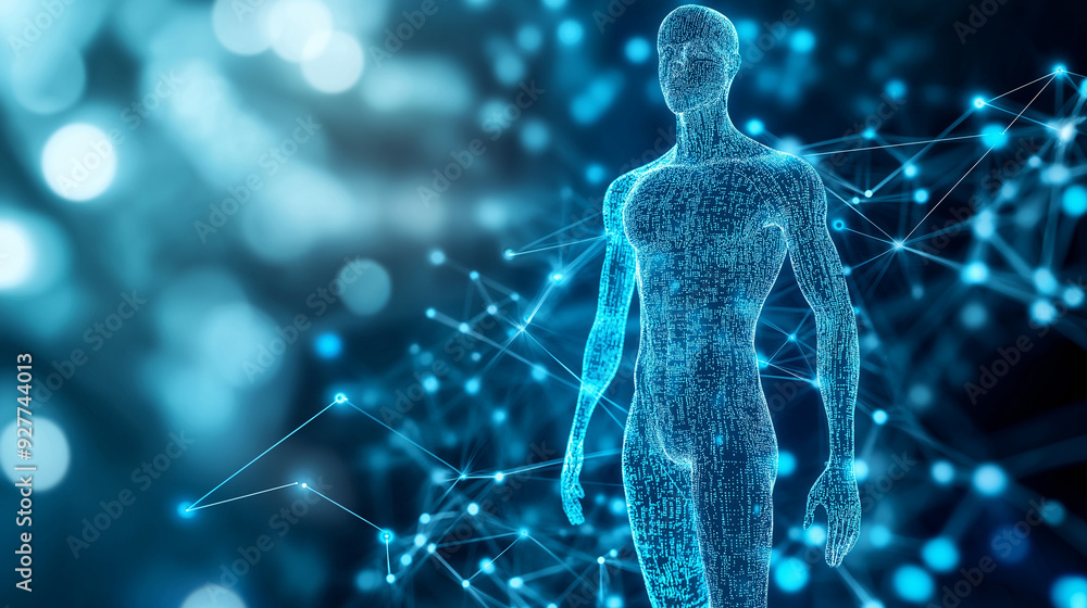 Poster a digital blue holographic human figure with data nodes connected around it on a blue bokeh backgrou