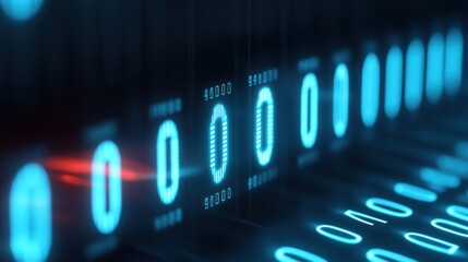 Fototapeta premium Futuristic digital display with glowing blue binary numbers on a dark background, representing data processing and technology.