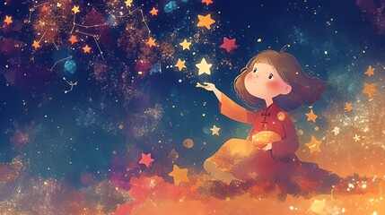 A little girl reaches out to touch the stars in a dreamy night sky filled with golden stars and nebulae.