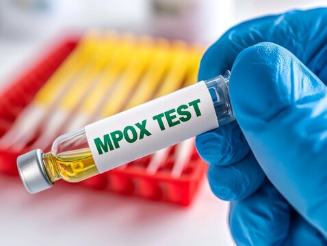 Hand in blue gloves holding a vial of yellow liquid with a white label and green text "MPOX TEST"