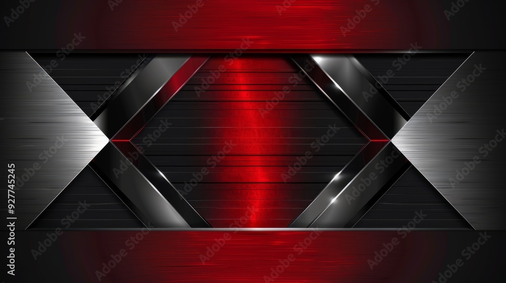 Poster abstract metallic red shiny texture with black frame and silver metal layout in modern tech design v
