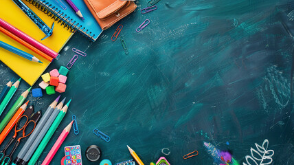 Beautiful School supplies corner border banner, Top view on a chalkboard background