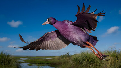 Fototapeta premium Purple Swamphen Bird Flying Under Blue Sky, Photo Realistic, Wallpaper, Cover and Screen for Smartphone, Cell Phone, Computer, Laptop, 9:16 and 16:9 Format
