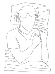 Continuous line art of a man is sleeping on the bed.