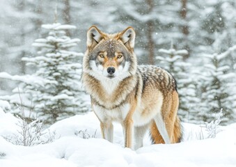 Naklejka premium Majestic Wolf Standing in Snowy Winter Forest Captured in Stunning Detail and Natural Beauty Amidst Snow-Covered Pine Trees