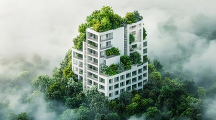 buildings Future green business idea Environmental sustainability goals in 2050. White building shape amidst pristine nature. --ar 