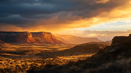 Golden Hour Light Illuminates a Canyon Landscape