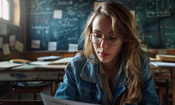 Dedicated teacher grading student papers in a bustling classroom setting
