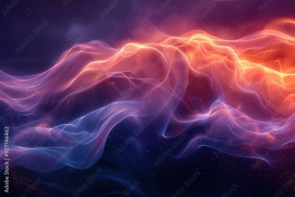 Poster melodic abstraction of sound waves visualized in pulsating colors , free space for text --ar 3:2 --s