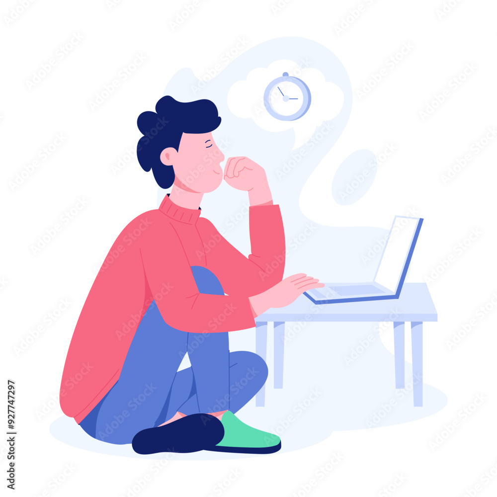 Sticker character based flat illustration of employee thinking