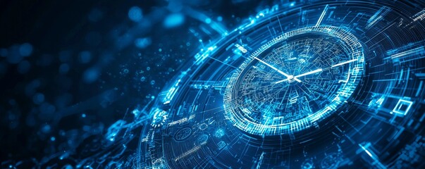 Futuristic wireframe clock with digital elements representing time and technology