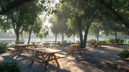 Obraz premium Floating islands with picnic areas and barbecues equipped