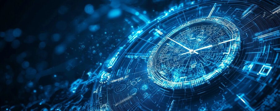 Futuristic wireframe clock with digital elements representing time and technology - Powered by Adobe