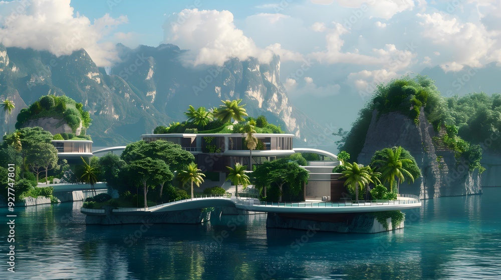 Sticker floating islands with luxurious villas that rise