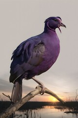 Fototapeta premium Purple Swamphen Bird Perched on a Branch on White Background, Realistic Photo, Wallpaper, Cover and Screen for Smartphone, Cell Phone, Computer, Laptop, 9:16 and 16:9 Format