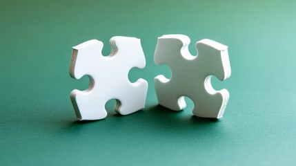 Fototapeta premium Two pieces of blank white jigsaw puzzle isolated on green background for
