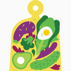 Vector flat modern illustration with vegetables and food laid out on a cutting board: cucumber, avocado, egg, eggplant, broccoli, lettuce leaves, greens