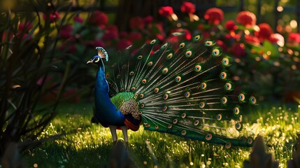 Obraz premium Peacock spreading its tail against the backdrop