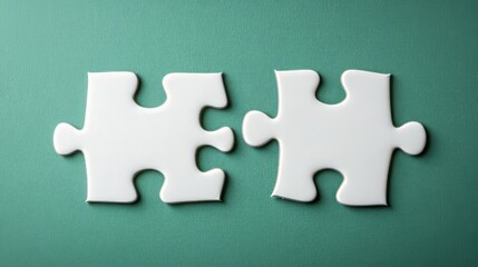 Obraz premium Two pieces of blank white jigsaw puzzle isolated on green background for business conceptual --