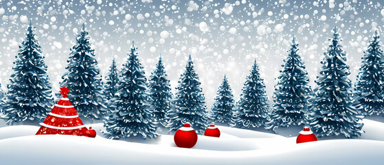 Christmas trees with Santa hats in a snowy landscape