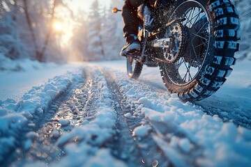 Motorbike ride through a snowy landscape, the tires leaving tracks in the fresh snow , free space for text --ar 3:2 --stylize 750 --v 6 Job ID: 5b8435f9-d0a2-40c2-a20e-6f51a4160766