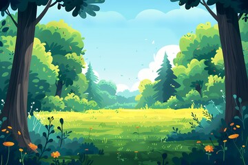 A beautiful sunny day in a lush forest with trees, bushes, and a bright green meadow.