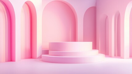 Pastel Pink Abstract Geometric Background for Cosmetic Display, Showcasing Product on Soft Matte Podium with Gradient Transition from Pastel Pink to Lavender