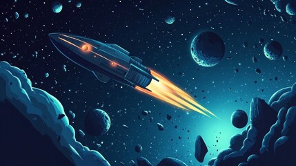 Naklejka premium A spaceship moving among planets in space.