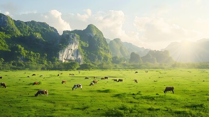 Pasture covered with greenery surrounded by karst peaks