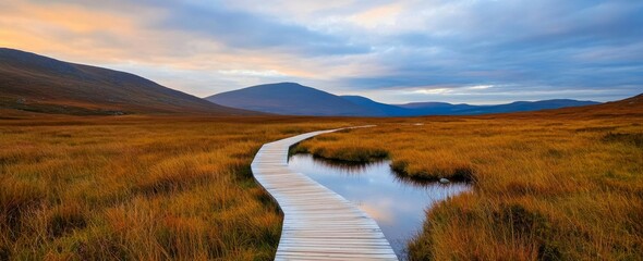 Panoramic photo of the beautiful wooden boardwalk during autumn